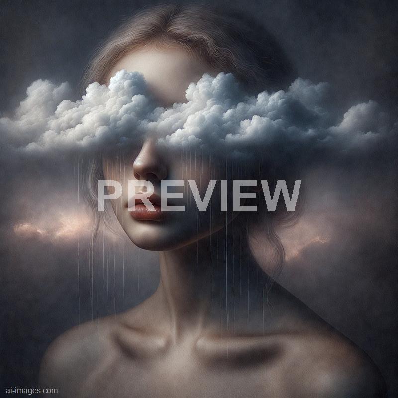 The image features a surreal portrait of a woman with soft, wavy hair, and her face partially obscured by a large, detailed cloud that covers her eyes, creating an ethereal and dreamlike effect. The background is dark and moody, with subtle hints of additional clouds and a faint light source that highlights her facial features and bare shoulders, giving the scene a mysterious and artistic atmosphere. Thin, vertical streaks resembling rain or tears extend from the cloud down her face, enhancing the surreal and emotional tone of the composition.